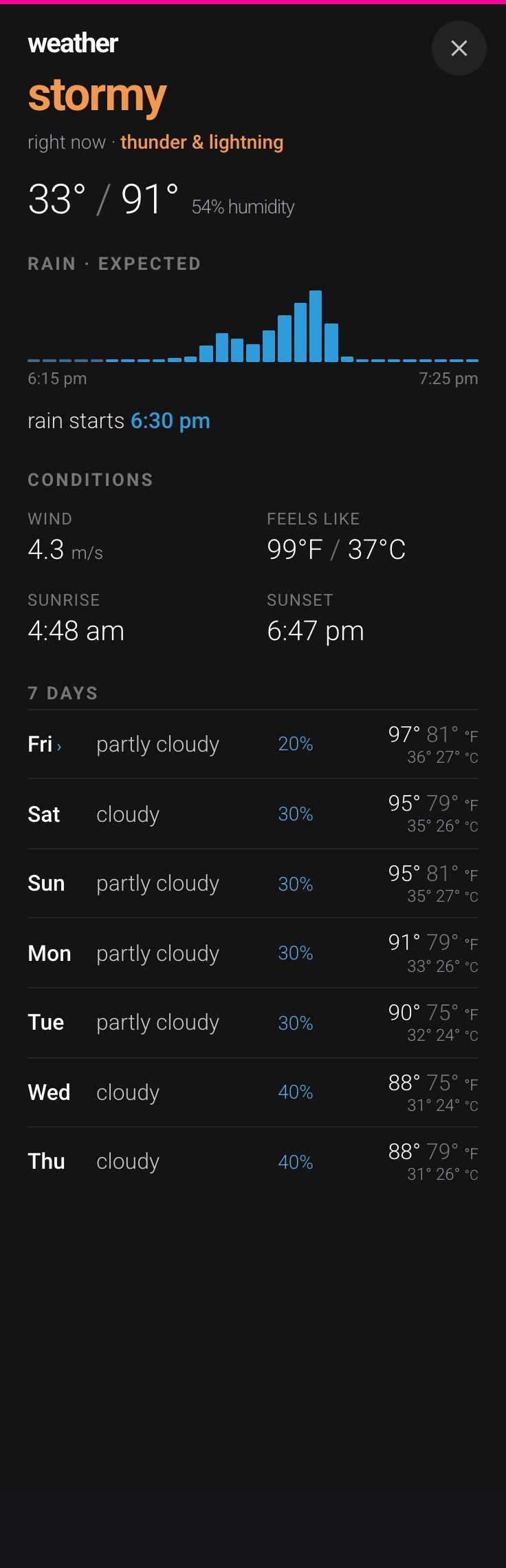 Phone — weather sheet, full screen